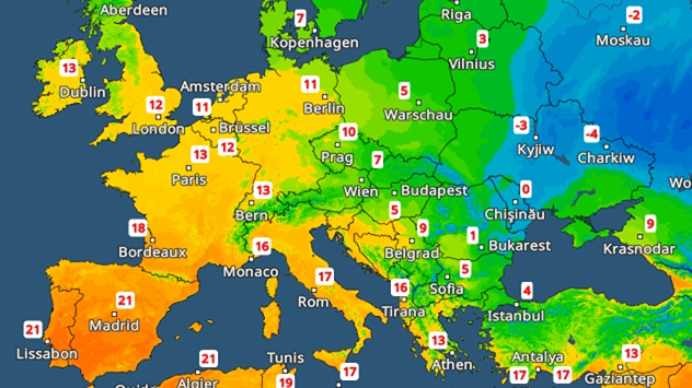 Mapa Evropy s barevným znázorněním nejvyšších teplot v neděli. Teplé oranžové odstíny nad Španělskem a Francií, modré oblasti s mrazem ve východní Evropě.