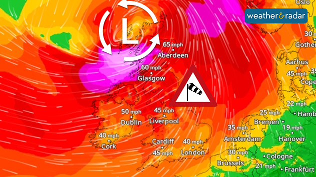 The image illustrates the effects of a severe storm system over north-western Europe: the map shows the weather situation with a storm warning