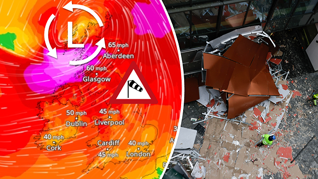 The image illustrates the effects of a severe storm system over north-western Europe: the map shows the weather situation with a storm warning, while the photo on the right shows actual storm damage – an indication of the danger posed by hurricane-force gusts and structural damage.