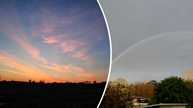 Split image showing a colourful sunset sky on the left and a faint rainbow over houses on the right.
