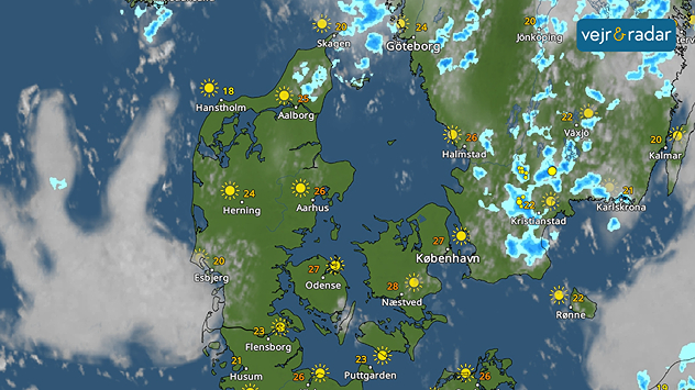 VejrRadar over Danmark med solrigt sommervejr og lokale byger i det østlige Sverige.