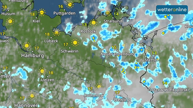 Wetterradar zeigt Sonne, Schauer und Gewitter über Norddeutschland mit Temperaturen um 13 bis 18 Grad.