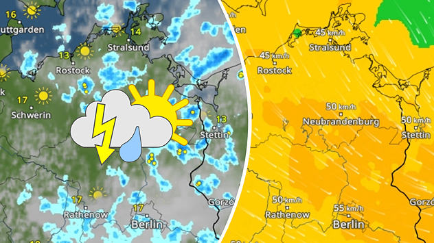 Wetterkarte mit Regen, Gewittern . Links: Wind bis 55 km/h in Nordostdeutschland.