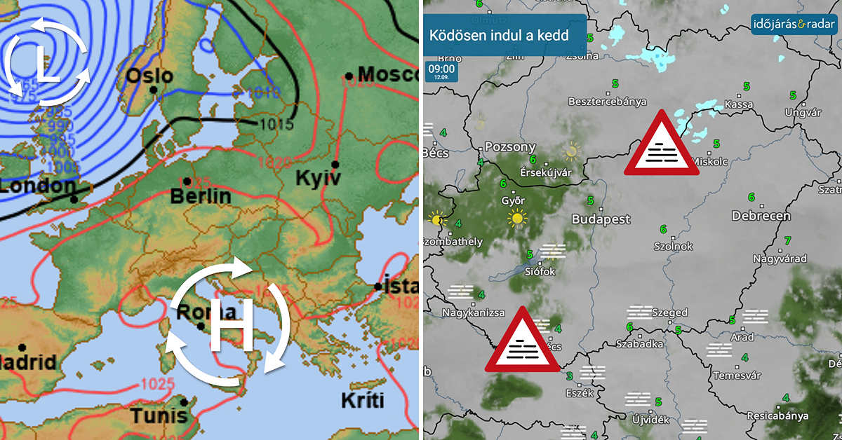 nyomási térkép, és ködös térkép, amit az IdőjárásRadar jelez holnap reggelre