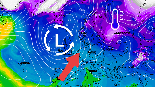 Een omvangrijk lagedrukgebied tussen Schotland en IJsland voert deze week zachte lucht naar onze omgeving.
