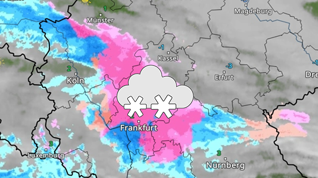 WetterRadar mit Schnee-, Schneeregen- und Regenfeldern. Schwerpunkt der Schneefälle in der Mitte Deutschlands. Frankfurt liegt im Bereich winterlicher Niederschläge.
