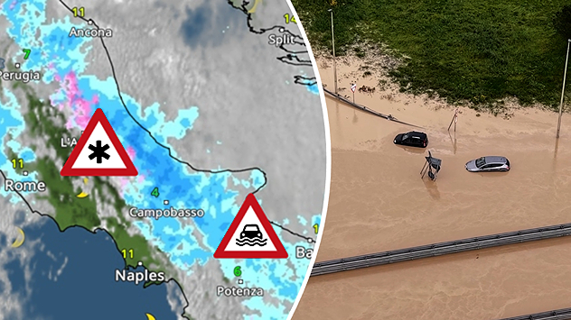 On the left, the weather radar for Italy showing heavy rain; on the right, a flooded road
