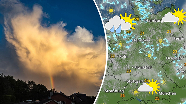 Schauer mit Regenbogen vor blauem Himmel. Daneben: WetterRadar - Im Nordwesten Schauerwetter, im Süden ruhiges Spätsommerwetter