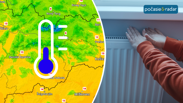 Mapa Slovenska s poklesom teplôt a ilustračná fotografia rúk pri radiátore