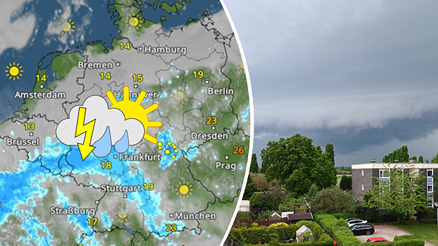WetterRadar-Karte mit Gewitterzellen über Deutschland; daneben Gewitterfront über Krefeld. Foto: 4.5., Christian Greifzu.