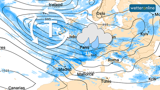 Die Wetterkarte zeigt Regengebiete über Europa. Eingezeichnet ist ein Tief über dem Atlantik.