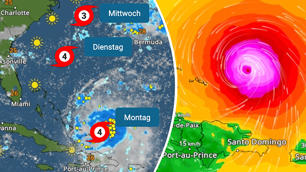 A sinistra: radar meteorologico con l'uragano ERIN (categoria 4) a sud delle Bahamas. La sua traiettoria prosegue martedì e mercoledì verso nord in direzione delle Bermuda. A destra: mappa dei venti colorata con l'occhio dell'uragano sull'Atlantico, colorato in rosa intenso con campi di vento concentrici.