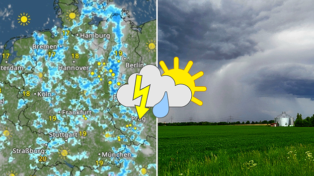 Links zeigt die WetterRadar-Vorhersage für Mittwoch mit vielen Schauern und Gewittern über Deutschland. Rechts zieht eine dunkle Gewitterwolke über ein grünes Feld hinweg.