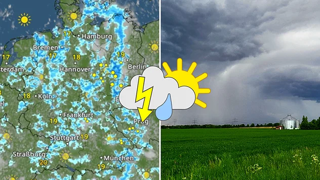 Links zeigt die WetterRadar-Vorhersage für Mittwoch mit vielen Schauern und Gewittern über Deutschland. Rechts zieht eine dunkle Gewitterwolke über ein grünes Feld hinweg.