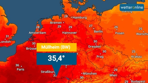 Das TemperaturRadar zeigt die Hitze am Dienstag.