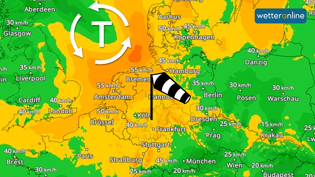 Wetterkarte mit Tiefdruckgebiet und starken Windgeschwindigkeiten über Nordwesteuropa.