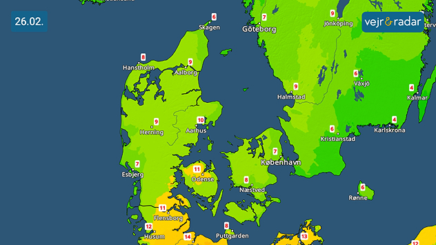 Temperaturkort over Danmark den 26. februar med milde temperaturer mellem 7 og 11 grader.