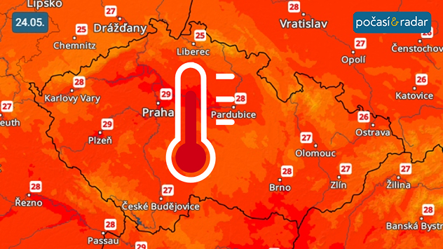 Předpověď maximálních denních teplot na neděli 24. května: Odpolední teploty se budou v nadcházejících dnech blížit až ke 30 °C.