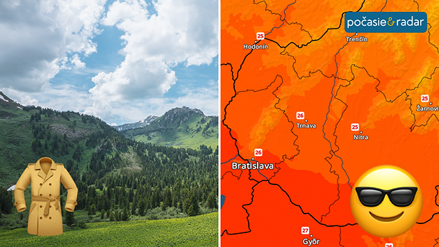 Rozdelená grafika so sviežim horským počasím a kabátom naľavo a teplotnou mapou juhozápadného Slovenska so slnečnými okuliarmi napravo