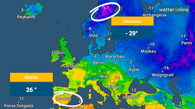 Mit 26 Grad war es am Donnerstag im spanischen Murcia über 50 Grad wärmer als in Nordschweden.