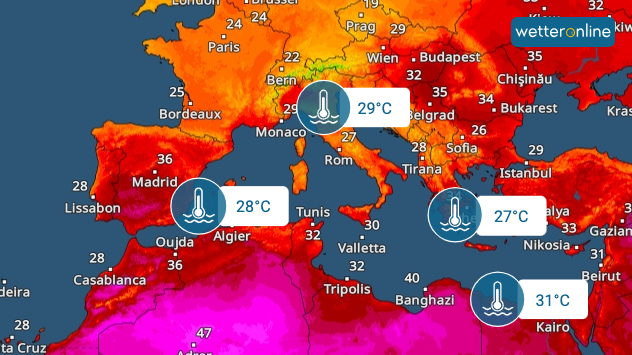 Die Karte zeigt die aktuellen Wassertemperaturen des Mittelmeers an den Küsten.