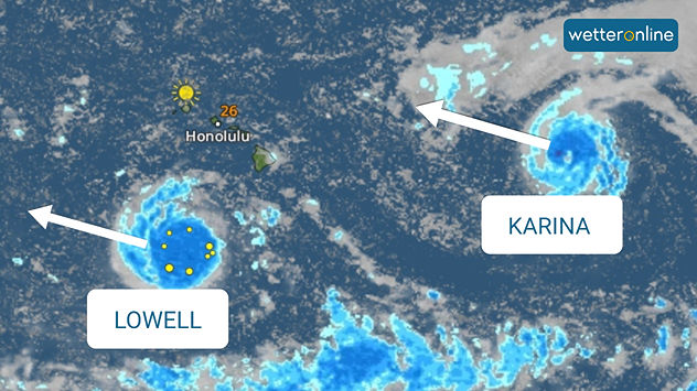 WetterRadar mit Lowell und Karina sowie ihren Zugrichtungen nahe Hawaii.