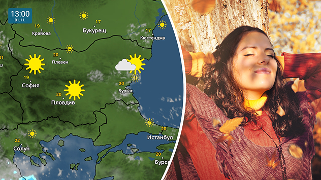 Метеокартата показва че в събота над България времето ще е предимно слънчево, с временни заоблачавания в крайните източни райони. В дясно има снимка на жена която се облегнала на есенно обагрено дърво в природата и се наслаждава на слънцето.