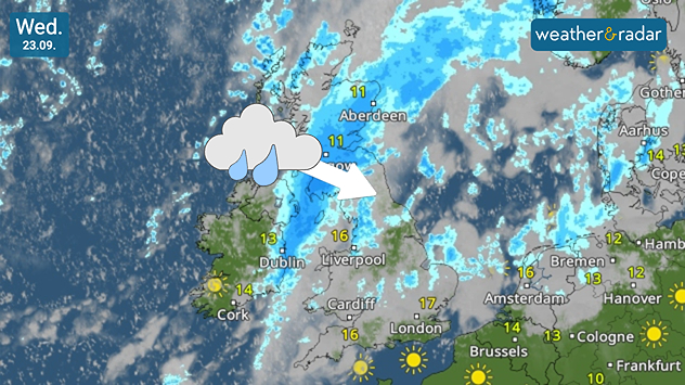 Weather map for Wednesday 29.09 showing a broad rain band crossing Scotland, Ireland, and northern England, with an arrow indicating southeastern movement.