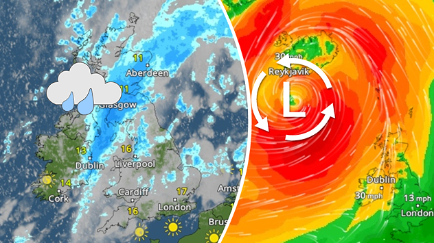 Split weather graphic showing rain cross the UK and Ireland alongside a deep low-pressure system near Iceland driving strong North Atlantic winds.