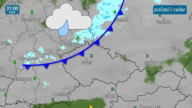 Meteoradar, screenshot, 13. 12. 21:00: V noci na neděli bude přes Česko přecházet slábnoucí studená fronta. Slabý déšť se v souvislosti s jejím přechodem objeví jen ojediněle na severu území.