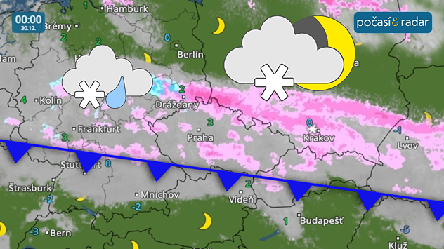Meteoradar, screenshot, 30. 12. 0:00: V pondělí začne Česko od severu přecházet studená fronta.
