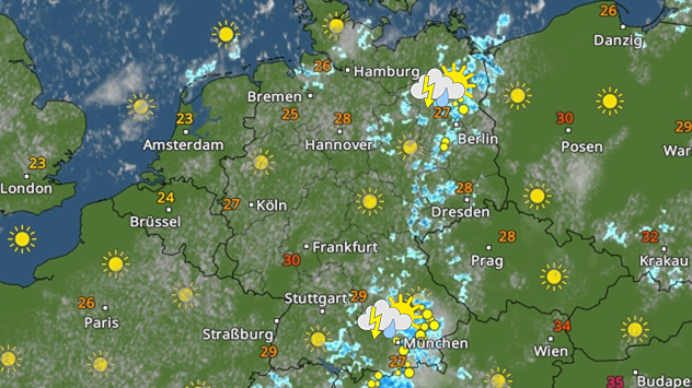 Wetterkarte für heute mit viel Sonnenschein in weiten Teilen Deutschlands. Gewitter ziehen vor allem über Mecklenburg-Vorpommern, Brandenburg sowie dem Alpenrand in Bayern