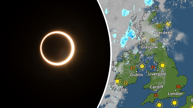 Split image showing an annular solar eclipse on the left and a UK and Ireland weather map on the right with mostly sunny skies, temperatures of 30–31°C in England and 27°C in Dublin.