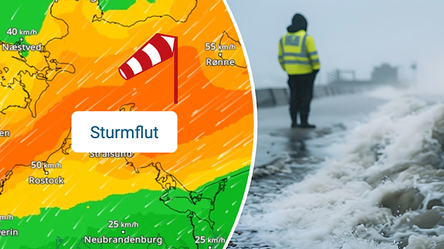 Eine Wettergrafik warnt vor einer Sturmflut an der Ostseeküste. Links zeigt eine Wetterkarte kräftigen Wind mit Geschwindigkeiten von bis zu 55 Kilometern pro Stunde. Ein Windsack verdeutlicht die Windrichtung. Rechts schlagen hohe, schäumende Wellen gegen eine Küstenpromenade. Eine Person in einer gelben Warnweste steht am Ufer und beobachtet das aufgewühlte Wasser.