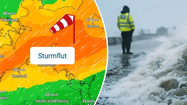 Eine Wettergrafik warnt vor einer Sturmflut an der Ostseeküste. Links zeigt eine Wetterkarte kräftigen Wind mit Geschwindigkeiten von bis zu 55 Kilometern pro Stunde. Ein Windsack verdeutlicht die Windrichtung. Rechts schlagen hohe, schäumende Wellen gegen eine Küstenpromenade. Eine Person in einer gelben Warnweste steht am Ufer und beobachtet das aufgewühlte Wasser.