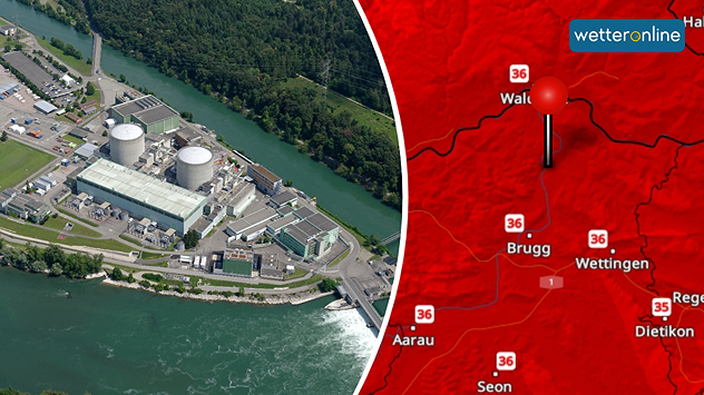 Links ein Luftbild des Atomkraftwerks Beznau, rechts das TemperaturRadar, das in der Region 36 Grad anzeigt.