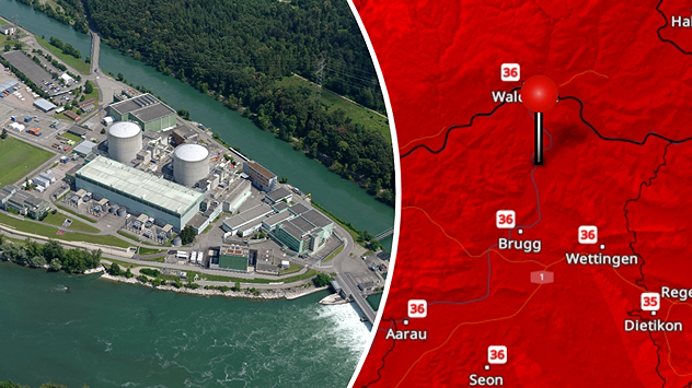 Links ein Luftbild des Atomkraftwerks Beznau, rechts das TemperaturRadar, das in der Region 36 Grad anzeigt.