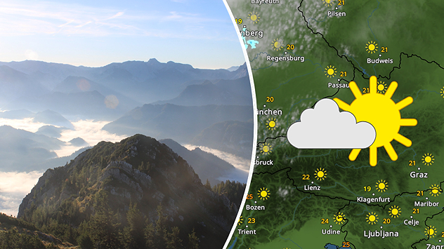 Geteilte Wettergrafik: Links zeigt ein Foto eine sonnige Berglandschaft mit Nebel in den Tälern. Rechts ist eine Wetterkarte des Alpenraums mit zahlreichen Sonnensymbolen, Temperaturen um 20 bis 25 Grad und einem großen Sonne-Wolken-Symbol zu sehen.