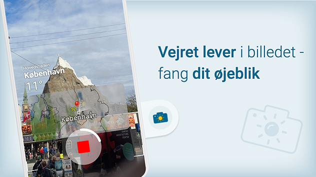 Vejr & Radar viser kamerafunktion med vejrbillede fra København og aktuel temperatur på 11 grader.