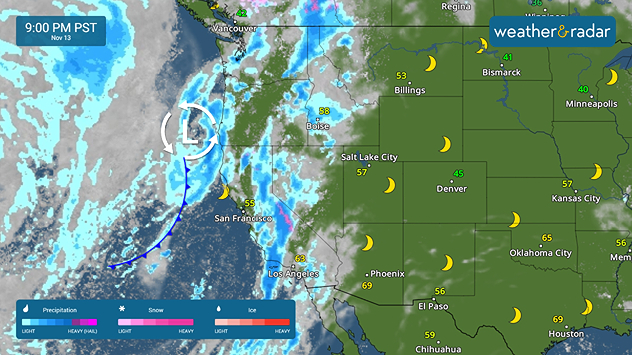 The WeatherRadar shows a Pacific Storm impacting the West Coast today.