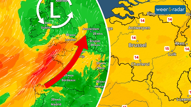 De linkerafbeelding toont zachte lucht met een rode pijl aangegeven dat van ZW-Europa naar de Benelux trekt. Een lagedrukgebied boven de Britse Eilanden staat ingetekend. Rechts een kaart met de temperatuur in België met 13 tot 15 graden.