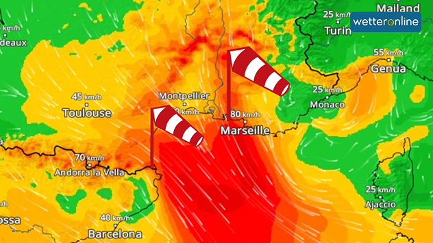 Wetterkarte zeigt starken Mistral mit Windspitzen bis 80 km/h über Südfrankreich.
