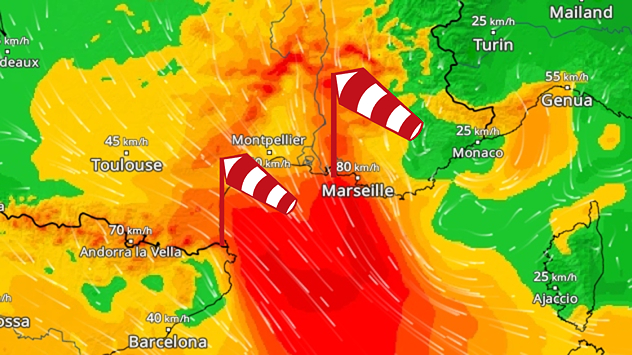 Wetterkarte zeigt starken Mistral mit Windspitzen bis 80 km/h über Südfrankreich.