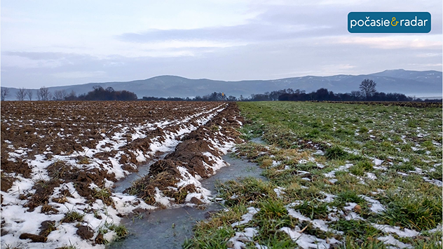 Pole na polovičku rozorané, na druhú polovicu zelené. Na ňom sú zvyšky topiaceho sa snehu.