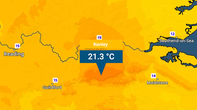 Temperature map of southeast England showing overnight low temperatures, with Kenley highlighted at 21.3°C and surrounding areas in yellow-orange shades indicating mild nighttime conditions.