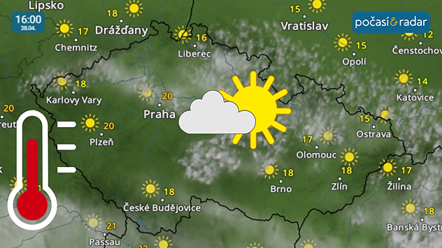 Meteoradar, screenshot, 28. 4. 16:00: V úterý se budou odpolední teploty šplhat až ke 20 °C. Oblohu bude přechodně halit více oblačnosti, často se však bude jednat o průsvitnou oblačnost vyšších pater.