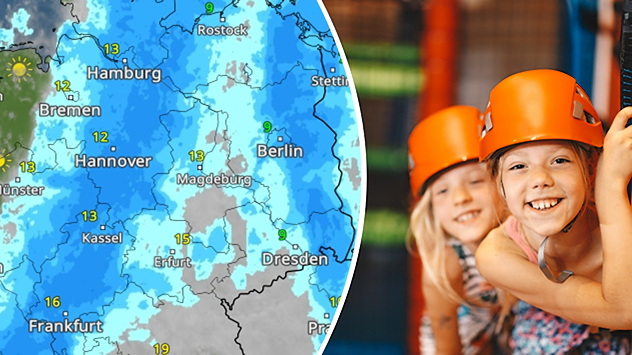 Links: WetterRadar-Karte mit Regen über Nordwestdeutschland und Temperaturen um 15 °C – dargestellt durch große Regenwolke mit Tropfen. Rechts: Zwei lachende Kinder mit Helmen spielen in einer Indoor-Spielhalle – Symbol für schlechtes Wetter und Spielspaß drinnen.