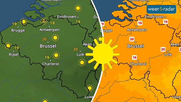 Een dubbele afbeelding van België toont links de WeerRadar met volop zonneschijn en rechts de TemperatuurRadar met 16 tot 21 graden. Een zon symbool staat op de grens van beide afbeeldingen ingetekend.