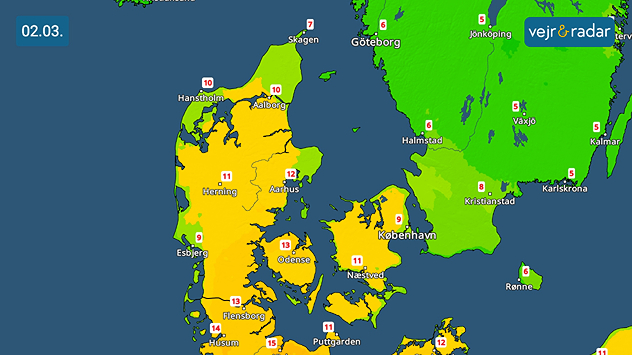 Temperaturkort over Danmark den 2. marts med milde temperaturer mellem 9 og 15 grader.