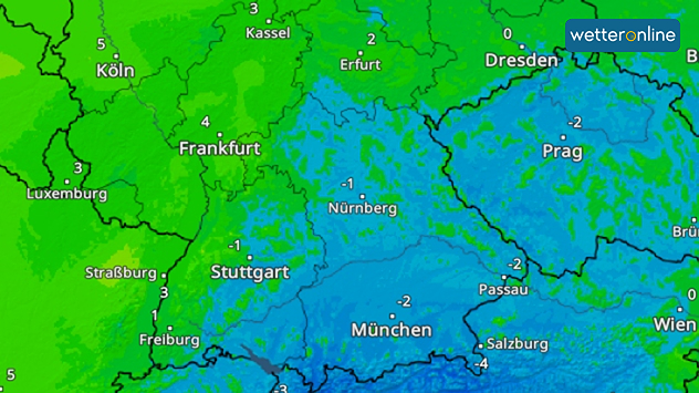 TemperaturRadar zeigt Frost in Bayern